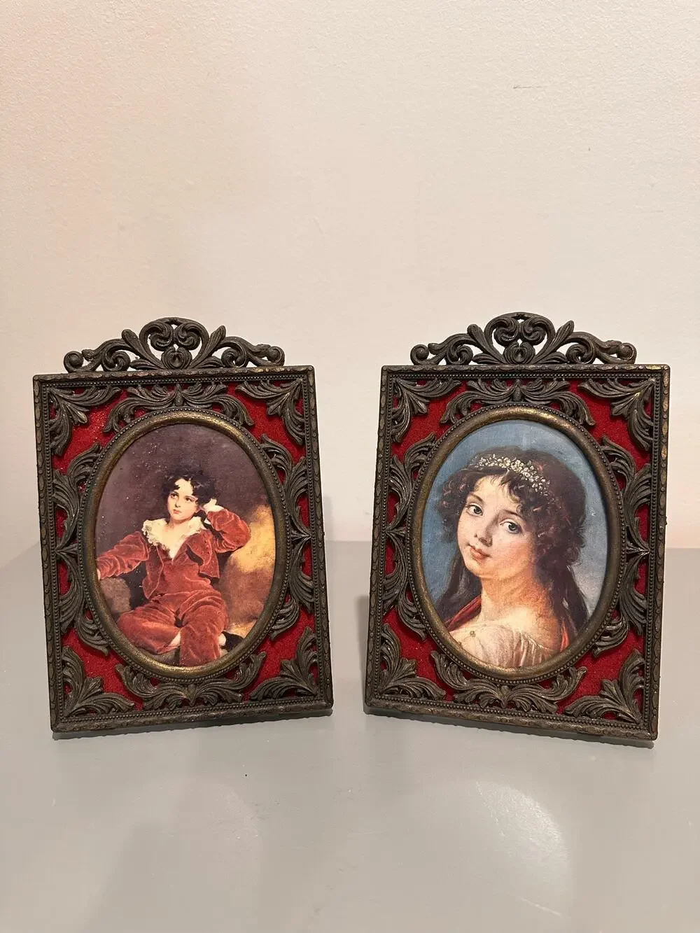 Pair of Vintage Italian Metal Frames with Oval Portraits. Red Velvet Mat. Italy.